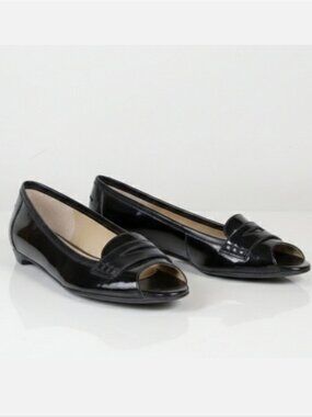 💠Talbots Patent Leather Peep Toe Penny Loafers Flats Black Womens Size 6.5